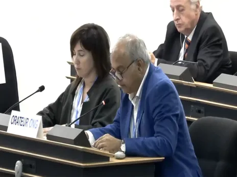 Narender Kumar of Shivi Development Society addresses the UN Human Rights Council in Geneva, raising concerns over rising violence against religious minorities in Bangladesh following political turmoil after Sheikh Hasina’s resignation (Photo/ANI)