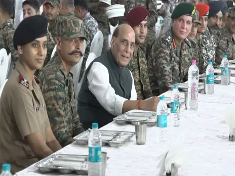 Rajnath Singh attends ‘Barakhana’ with soldiers in Bhuj (Photo/ANI)