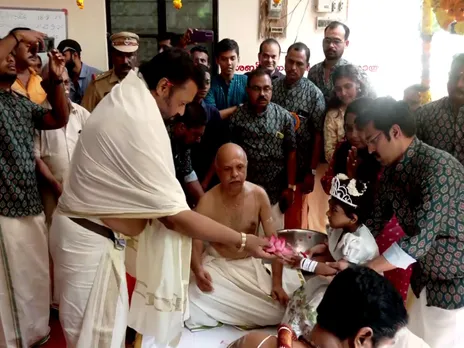 Union Minister Suresh Gopi participates in 'Vidyarambham' celebrations at a temple in Thiruvananthapuram (Photo/ANI)