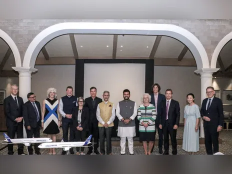 EAM Jaishankar, Civil Aviation Minister Ram Mohan Naidu Kinjarapu with Airbus and IndiGo leadership in New Delhi (Photo/X/@DrSJaishankar)