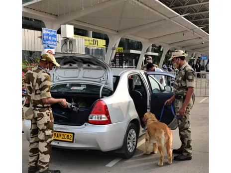 Security personnel searching a vehicle at Chennai Airport (Photo/ANI)