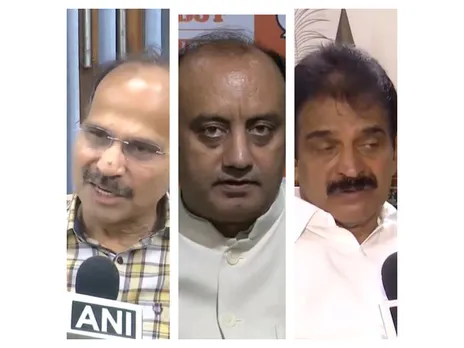 Congress leader Adhir Ranjan Chowdhury (left),  BJP MP and National Spokesperson Sudhanshu Trivedi (centre), Congress MP K C Venugopal (right) (Photo/ANI)