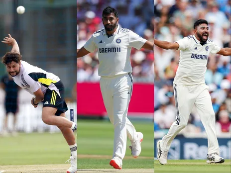 Indian bowlers Kuldeep Yadav (L), Jasprit Bumrah (M) and Mohammed Siraj (R). (Photo: ANI)