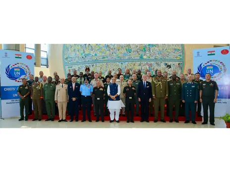 Defence Minister Rajnath Singh with UNTCC Chiefs during the Conclave in New Delhi. (Photo: X/@SpokespersonMoD)