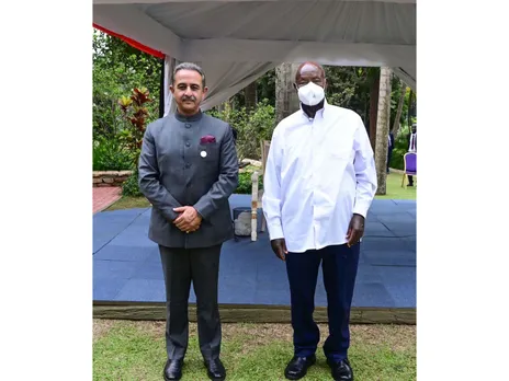 Kirti Vardhan Singh meets Uganda President  Yoweri Kaguta Museveni (Photo/X@KVSinghMPGonda)