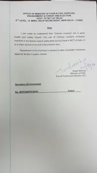 Kapil Mishra advises Dept of Environment to ban Chinese crackers in Delhi