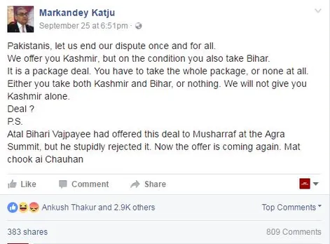 Katju irks Bihar, says Pak can get Kashmir if they agree to take Bihar also as part of package