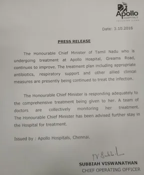 Jayalalithaa responding to treatment, her condition is improving: Hospital