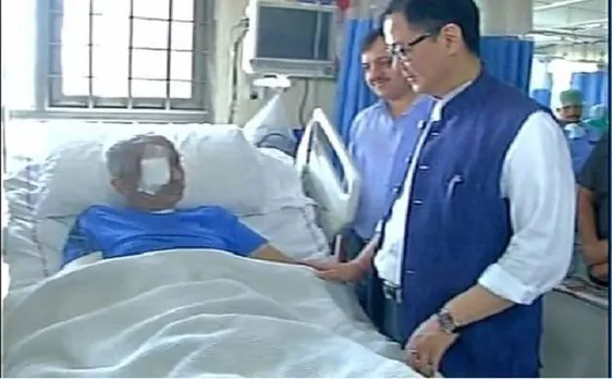 MoS Home Affairs Kiren Rijiju meets injured CRPF officer Chetan Cheeta at AIIMS 