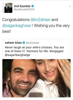 Zaheer Khan engagement: Anil Kumble makes major GOOF-UP, congratulates wrong 'Sagarika' on Twitter