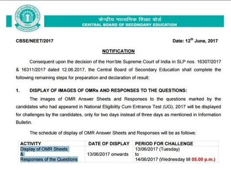  CBSE NEET Answer Key 2017 released at cbseneet.nic.in; display of OMR Sheets and Responses of Questions till June 16