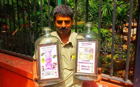 Bengaluru's bottle artist celebrates birthday of new currency and mourns death of demonetised notes