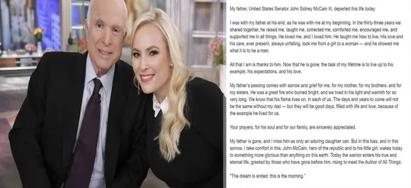 John McCain's daughter posts heart touching tribute to late father, 'He was a great fire who burned bright'