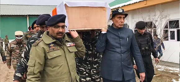 Home Minister Rajnath Singh helps carry coffin of jawan killed in Pulwama terror attack