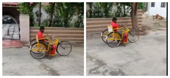 Differently-abled delivery boy against all odds delivers food in hand-pulled tricycle, WATCH inspiring video