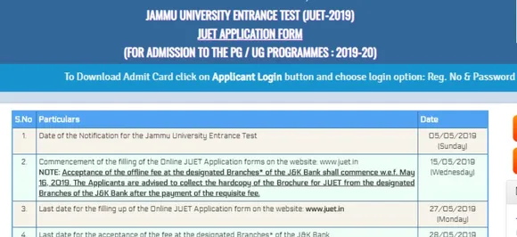 JUET 2019 Admit Card released by Jammu University, visit juet.in to download