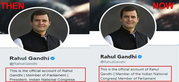 Rahul Gandhi updates his Twitter profile, deletes 'President of Indian National Congress'