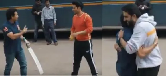 WATCH: Sachin Tendulkar Hits Sixer On Varun  Dhawan's Ball; Abhisekh Bachchan Joins Team