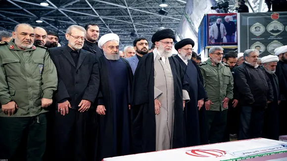 Iran Supreme Leader Ayatollah Ali Khamenei Prays Over Coffin Of General Soleimani