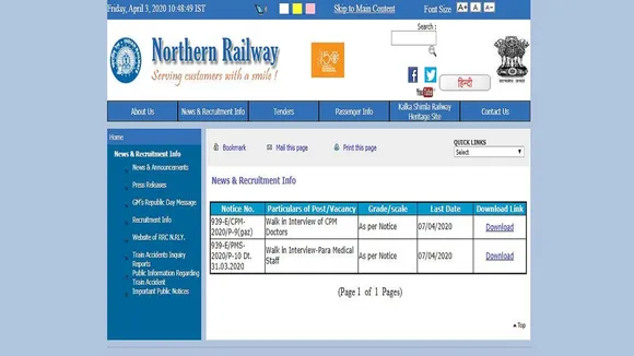 northern railway recruitment 2020