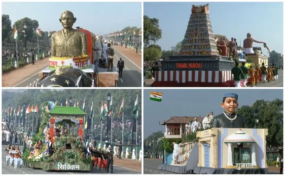 Mahatma Gandhi theme tableaus at Republic Day parade Rajpath New Delhi India January 26 