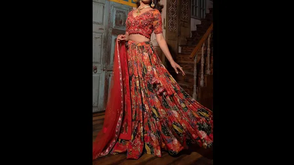 pleated Floral Print Lehenga