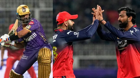 KKR vs RCB IPL 2025 Ajinkya Rahane fifty Krunal Pandya takes 3 wickets KKR sets 175 target for RCB 