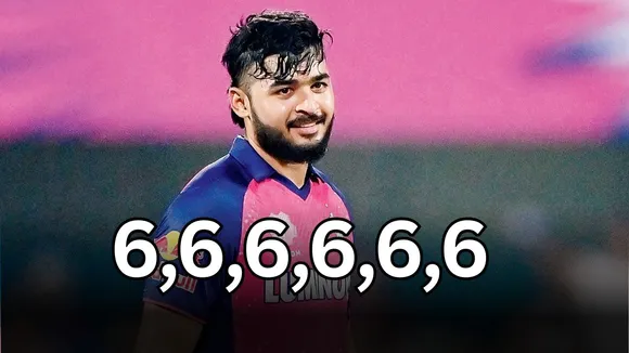riyan parag hit 6 sixes in 6 balls against kolkata knight riders during kkr vs rr match in ipl 2025