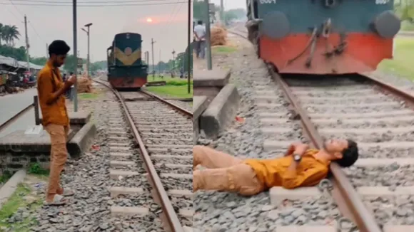 viral train track stunt video on social media