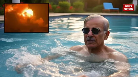 Pakistani PM Shahbaz Sharif takes a photo while bathing in a swimming pool