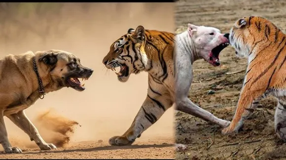 dog jumped into the dangerous fight between a lion and a digger