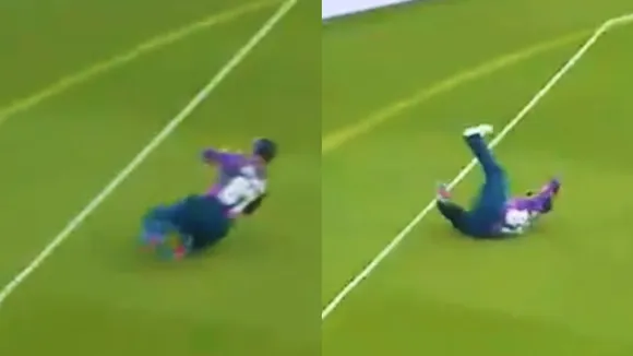 Kane Williamson slips badly near the boundary rope still managed to take a stunning catch