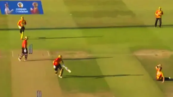 Sam Cook did an unbelievable run out in the hundred league while falling on the ground
