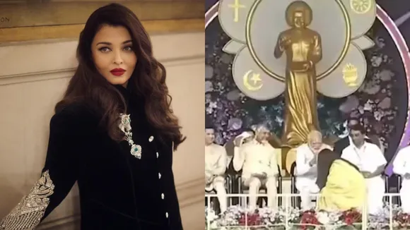 Aishwaraya rai bachchan touches feet of PM Modi during in birth centenary celebrations of Sri Sathy