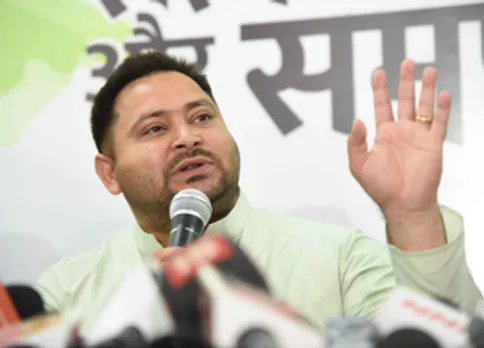 Patna: Rashtriya Janta Dal (RJD) leader Tejaswi Yadav addresses a press conference