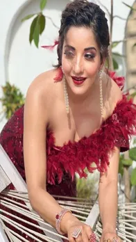 वाइन डीप नेक गाउन में मोनालिसा ने चलाया अपना जादू, फैंस बोले- खूबसूरत