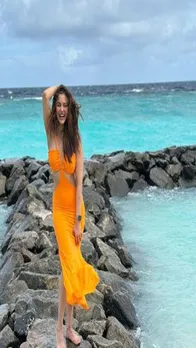 ओरंज कट ड्रेस में समंदर किनारे कातिल पोज दे रही हैं रकुल, देखें