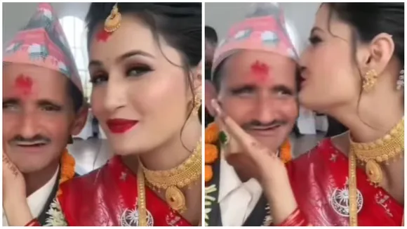 Unique Marriage Bride Kisses Her Husband