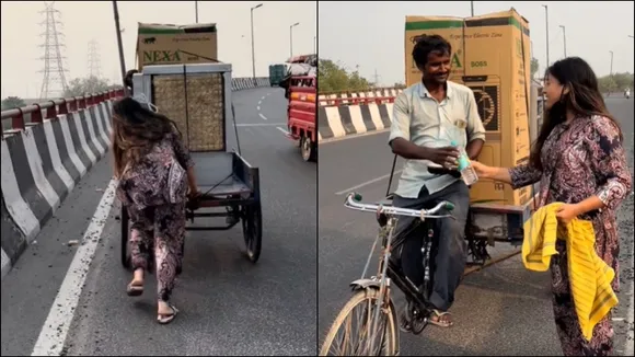 Girl help rickshaw puller