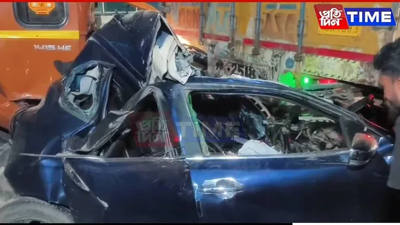 Two Severely Injured as Car Gets Sandwiched Between Container and Truck in Guwahati