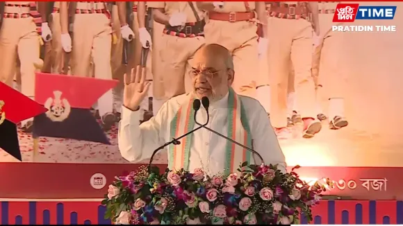 Union Home Minister Amit Shah addressing the gathering at the foundation laying of 10th Assam Police Battalion headquarters