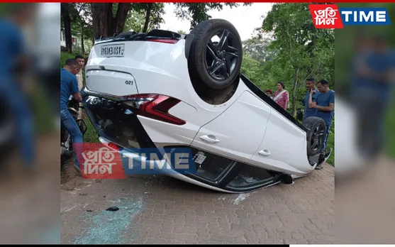 Guwahati: Speeding Car Rams Into Gate, Turns Turtle In Kahilipara