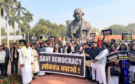 Parliament Suspensions: INDIA Bloc MPs Protest Before Gandhi Statue