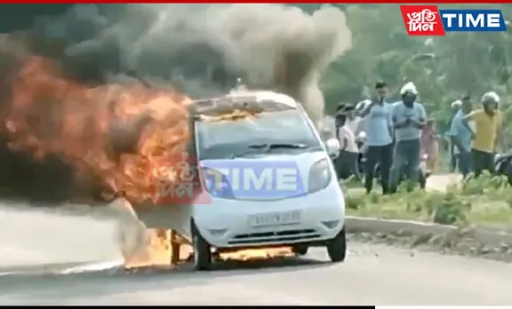 Assam: Tata Nano Gutted in Mysterious Highway Fire; Occupants Escape Unscathed