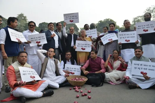 Congress MPs Protest In Parliament Against Rising Onion Prices