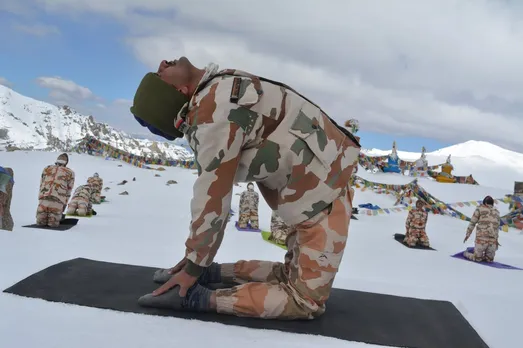 Indo Tibetan Border Police Himveers practices Yoga on 18,000 feet altitude
