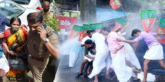 പിണറായി പോലീസിന്റെ ജലപീരങ്കിക്ക് ലക്ഷ്യം തെറ്റി, യുവമോര്‍ച്ചയ്ക്ക് നേരെ പ്രയോഗിച്ചപ്പോള്‍ കൊണ്ടത് ലോട്ടറി ജീവനക്കാരിയായ വള്ളിയമ്മയ്ക്ക്; പോലീസ് വാഹനത്തില്‍ ആശുപത്രിയിലെത്തിച്ചു
