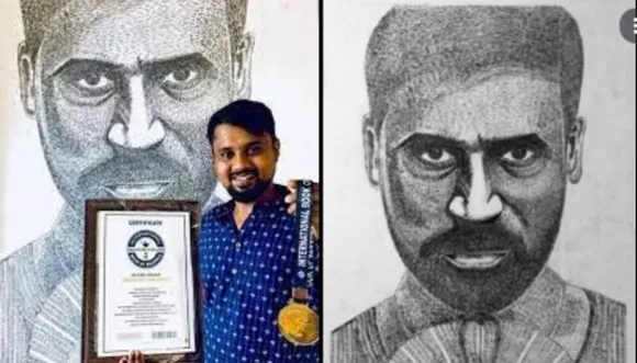 സ്റ്റേപ്പിൾ പിന്നുകൾ കൊണ്ട് ധനുഷിന്റെ മുഖമൊരുക്കി റെക്കോർഡ് നേടി കലാകാരൻ