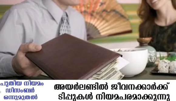 അയര്‍ലണ്ടില്‍ ജീവനക്കാര്‍ക്ക് ടിപ്പുകള്‍ നിയമപരമാക്കുന്നു; പുതിയ നിയമം ഡിസംബര്‍ ഒന്നുമുതല്‍ പ്രാബല്യത്തില്‍