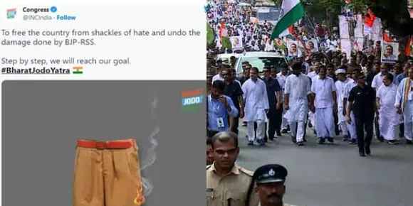 വിദ്വേഷത്തിന്‍റെ ചങ്ങലകളിൽ നിന്ന് രാജ്യത്തെ മോചിപ്പിക്കും , കാക്കി നിക്കർ കത്തിക്കുന്ന ചിത്രം പങ്കുവെച്ച് കോൺഗ്രസിന്‍റെ ട്വീറ്റ്, അക്രമത്തിനുള്ള ആഹ്വാനമെന്ന് ബിജെപി